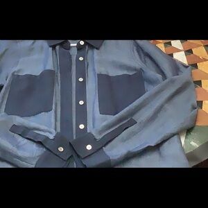Beautiful designer blouse button up two tone blues Denim polished semi dressy